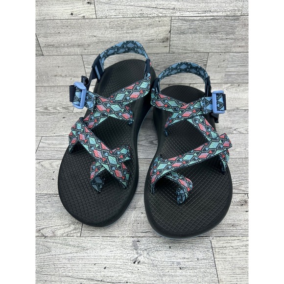 Chaco Cloud Women's Sandals Strappy Toe Loop Blue Coral Teal Geometric Size 8 - Picture 1 of 11
